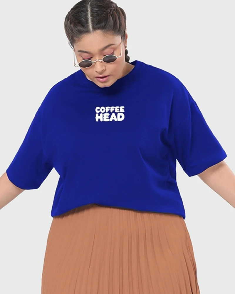 bewakoof Women's Blue Coffee Head Graphic Printed Oversized Plus Size T-shirt